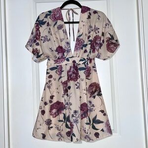 Open Back Apricot Floral Mini Dress with Plunging V-Neck, size MEDIUM